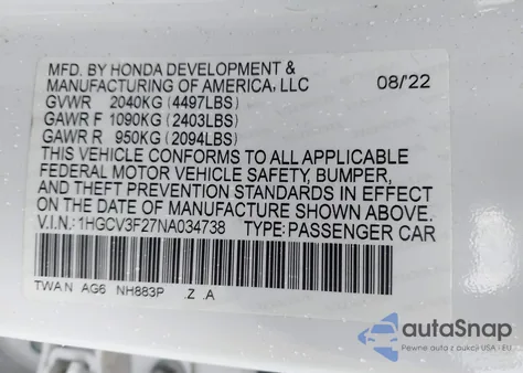 2022 Honda Accord Hybrid Sport z USA, uszkodzony, nr VIN 1HGCV3F27NA034738